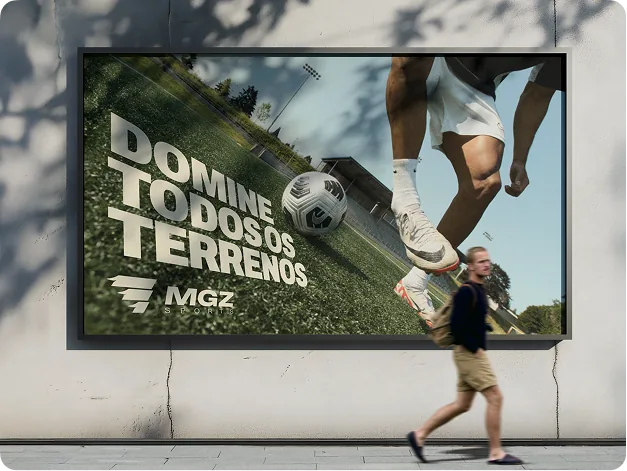 Outdoor da marca em rua movimentada, com um jogador em ação
